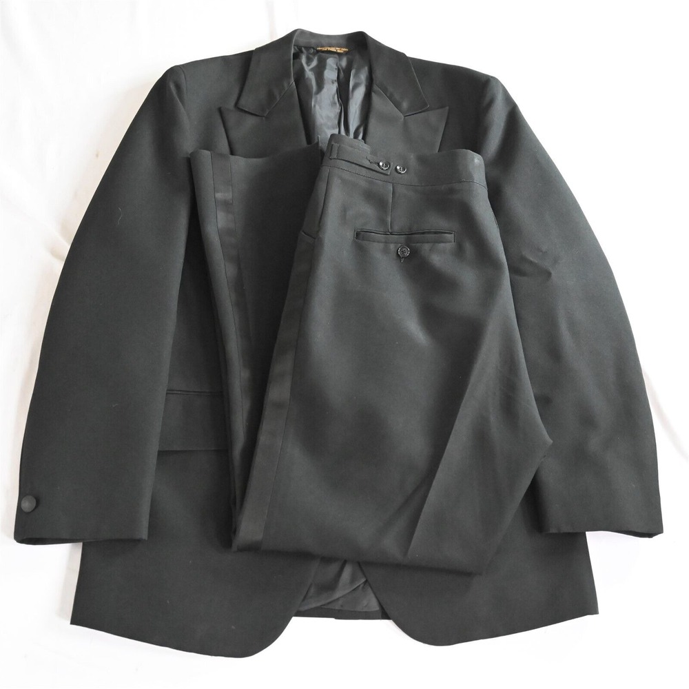 Vtg Palm Beach 44L 36x32‎ Black Slim Peak Lapel Jacket Pants Tux Tuxedo